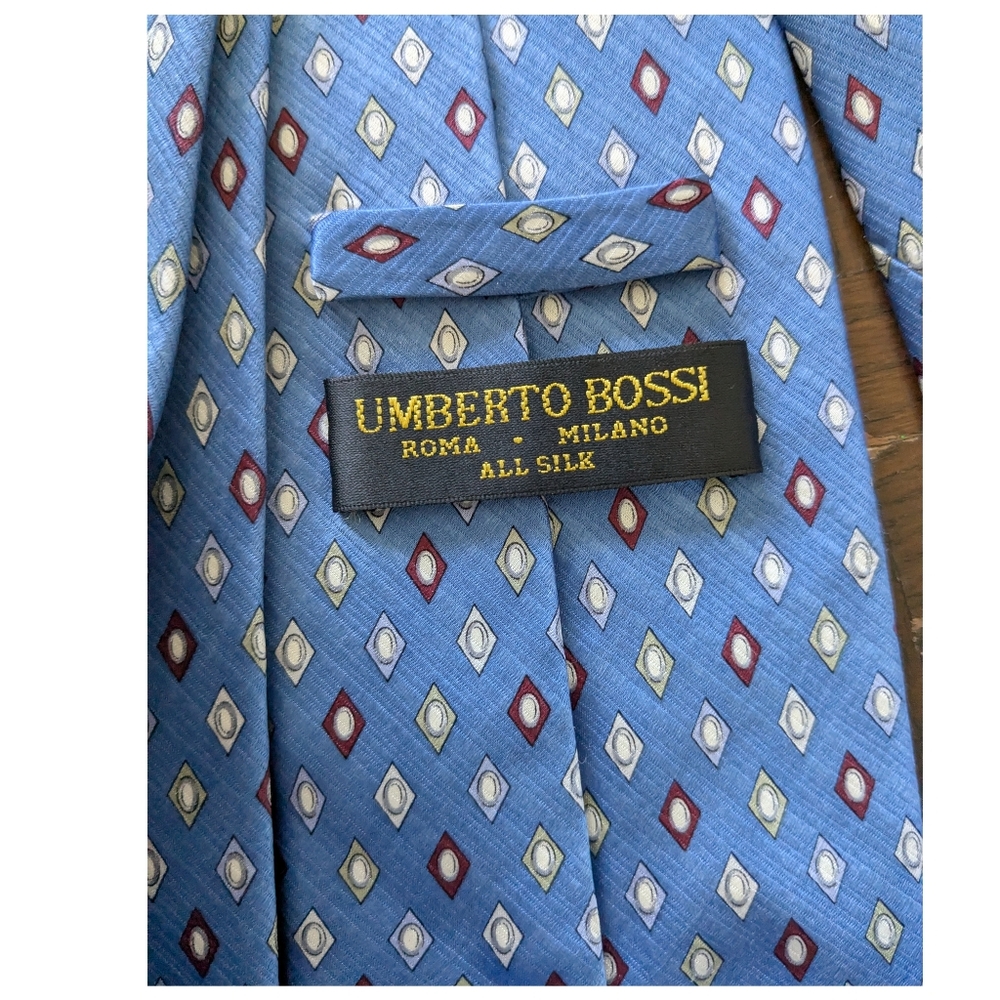 💥SALE💥 VTG Umberto Bossi Blue Silk Men's Tie with Geometric Diamond Pattern - Picture 5 of 7